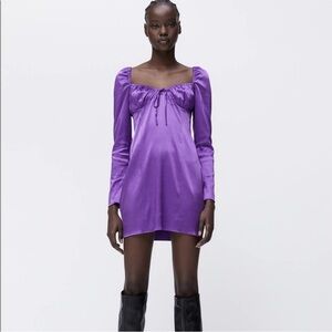 Zara purple satin effect long sleeve mini dress